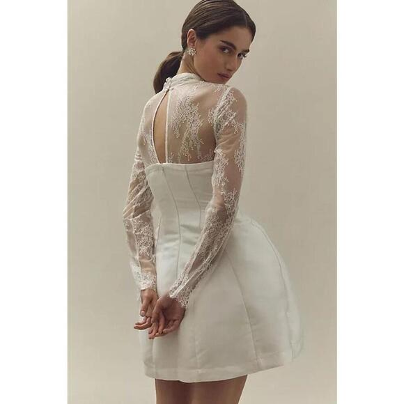 BHLDN High Neck Lace Fit & Flare Mini Skirt Dress Long Sleeves Size 2 Ivory - Picture 4 of 6